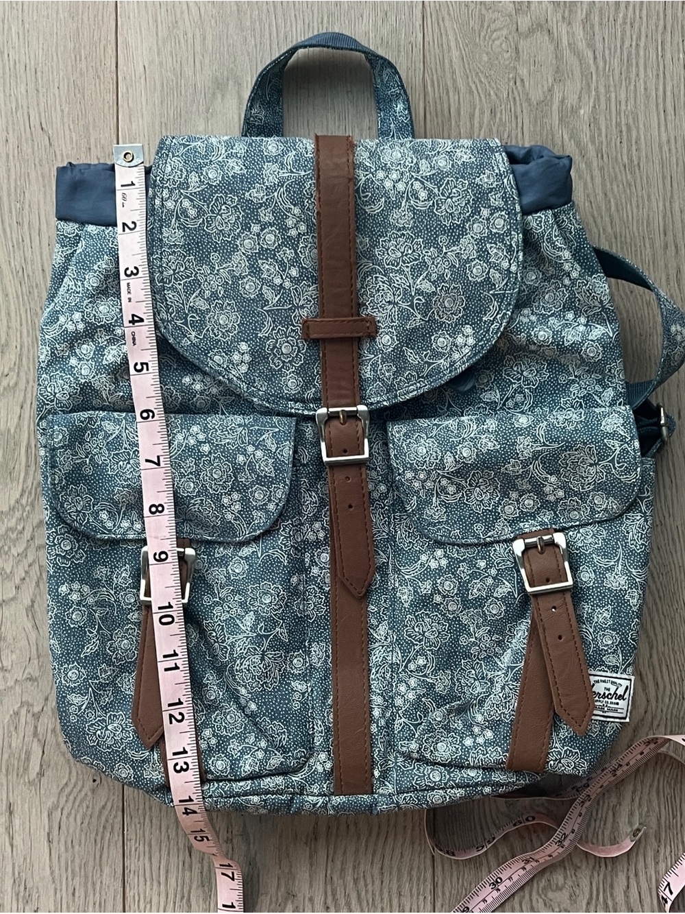 Herschel Supply Small Blue Floral Backpack Leather Straps - Picture 10 of 14